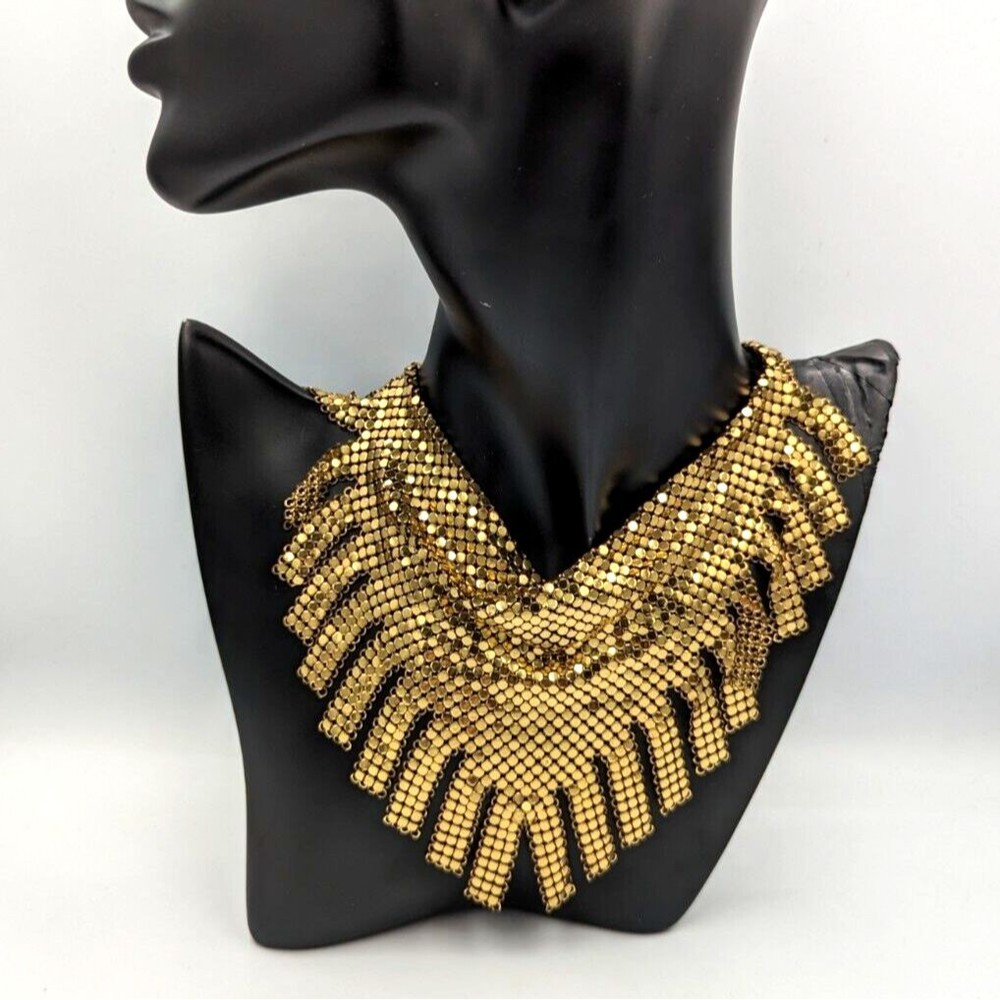Whiting & Davis Gold Tone Chainmail Metal Fringed Vintage Bib Necklace 1970s - Picture 2 of 14